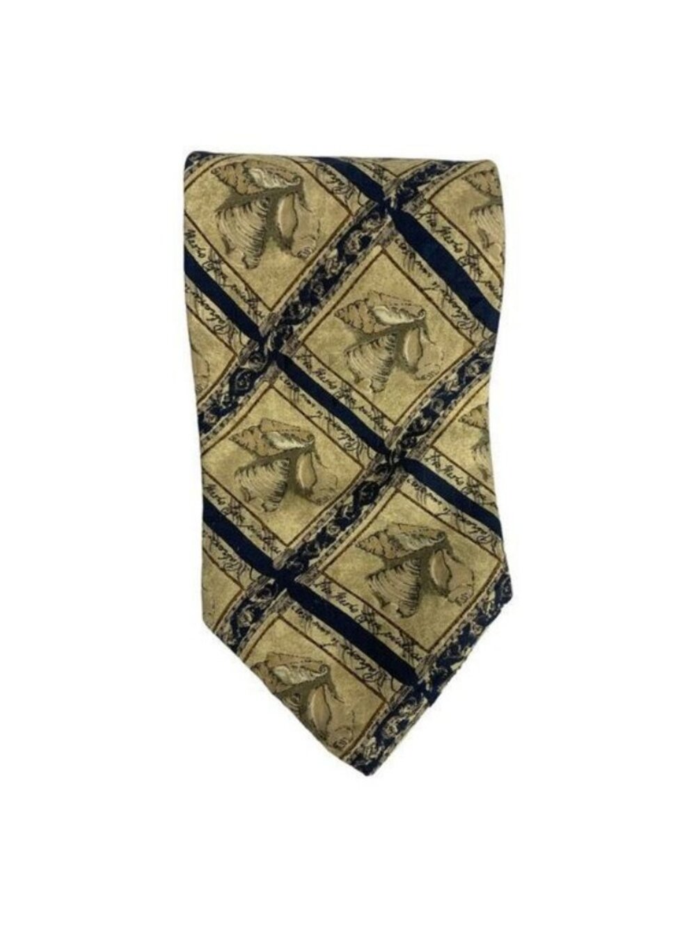 Structure La Collection Mens Seashell Print Tie Navy & Beige Geometric Silk